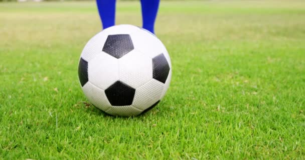 Футболист пинает мяч в поле — стоковое видео