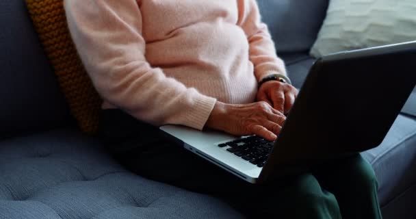 Ανώτερος γυναίκα που χρησιμοποιούν φορητό υπολογιστή στο σαλόνι — Αρχείο Βίντεο