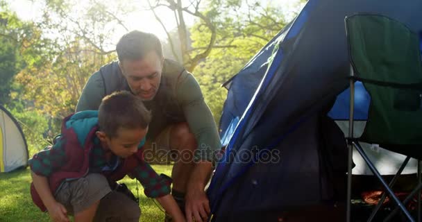 Vater und Sohn bauen ein Zelt auf — Stockvideo