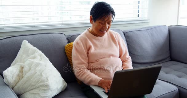 Mujer mayor usando portátil en la sala de estar — Vídeos de Stock