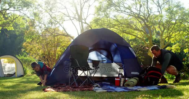 父子俩搭起帐篷 — 图库视频影像