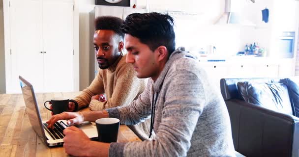 Gay casal usando laptop enquanto tendo café — Vídeo de Stock