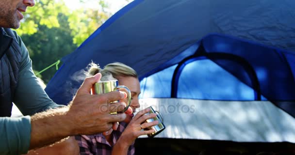 テントの外のコーヒーを持っている家族 — ストック動画