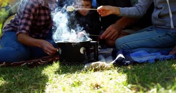 Rodina, pražení marshmallows před stanem — Stock video