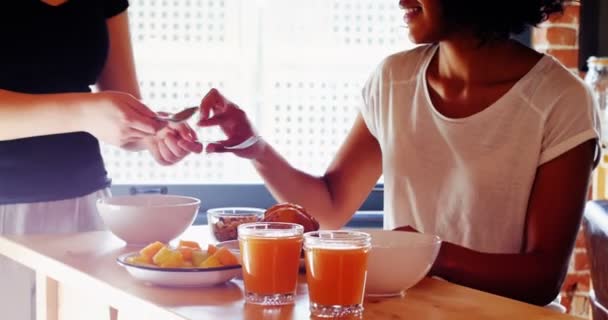 Casal lésbico tomando café da manhã — Vídeo de Stock