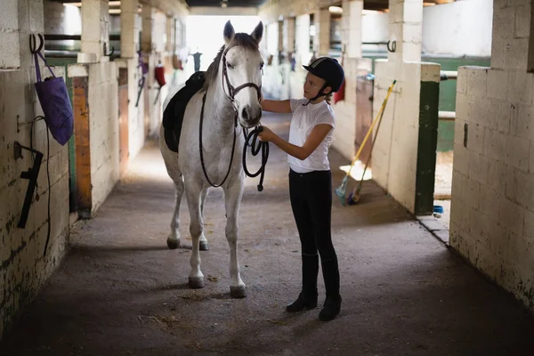 Dospívající dívka stojící s koněm — Stock fotografie