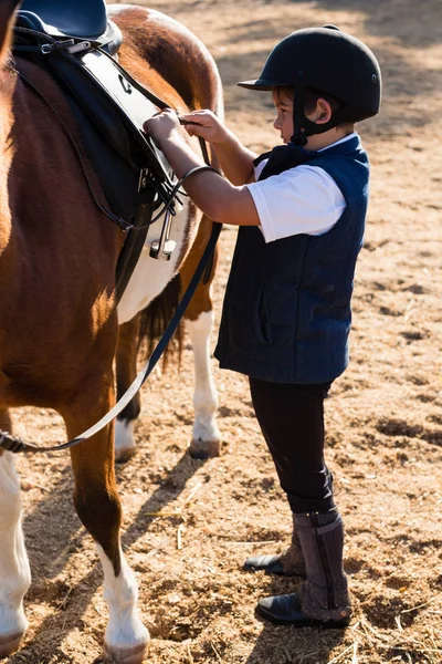 Garçon assis sur le cheval arrière — Photo