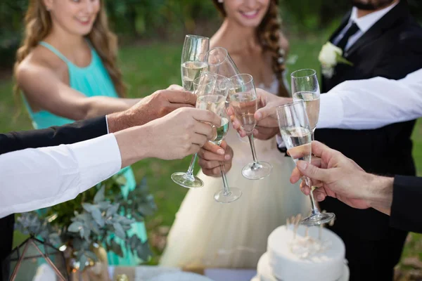 Yeni evli çift ve bardak şampanya toasting ziyaretçi — Stok fotoğraf