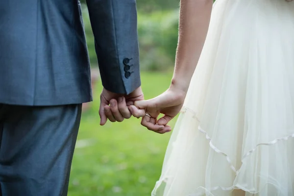 Hochzeitspaar hält Händchen im Garten — Stockfoto