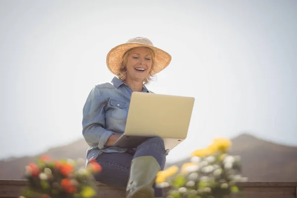 Smiling senior woman using laptop — Stock Photo, Image