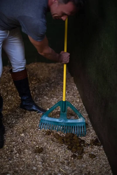 Hombre usando escoba para limpiar el establo — Foto de Stock