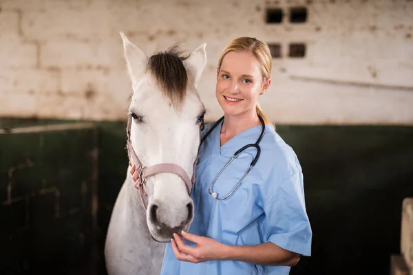 Sorridente feminino veterinário de pé com cavalo — Fotografia de Stock