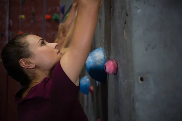 Atlet tırmanma duvarı içinde jimnastik salonu — Stok fotoğraf
