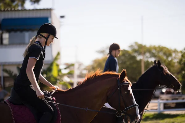 Amigos montando cavalos no celeiro — Fotografia de Stock