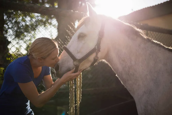 Mulher beijando cavalo no celeiro — Fotografia de Stock