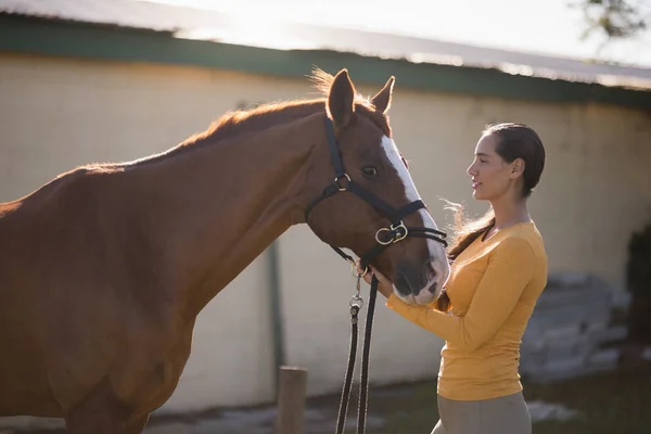 Jockey standing with horse at barn Stock Image