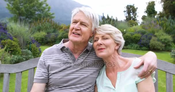 Seniorenpaar plaudert und entspannt auf Bank — Stockvideo