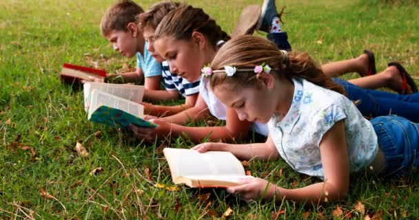 Děti ležící na trávě a čtení knih — Stock video