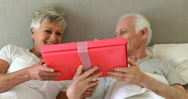 Senior homme donnant un cadeau surprise à la femme — Video