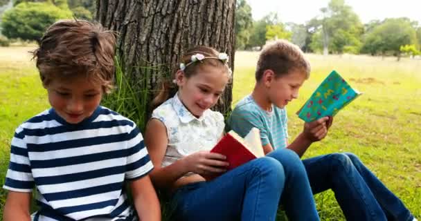 Kinderen lezen van boeken in park — Stockvideo