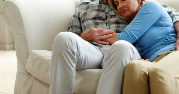 Seniorenpaar entspannt auf Sofa im Wohnzimmer — Stockvideo