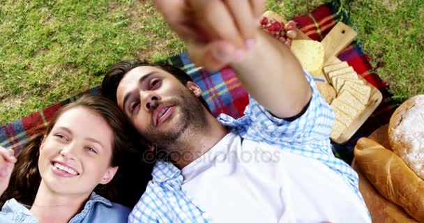 Couple interacting with each other while lying on picnic blanket — Stock Video