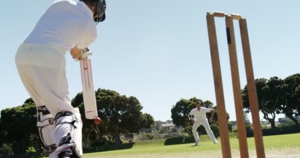 Batsman playing a defensive stroke during cricket match — Stock Video