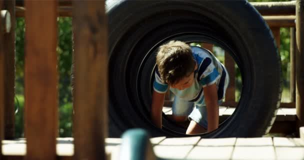 Школьник ползает по шинам на детской площадке — стоковое видео