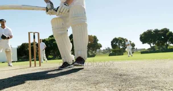 Schlagmann bei einem Defensivschlag während eines Cricketspiels — Stockvideo