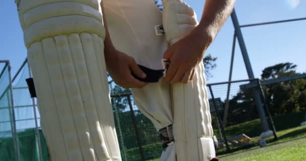 Cricket speler koppelverkoop zijn batting pads tijdens een oefensessie — Stockvideo