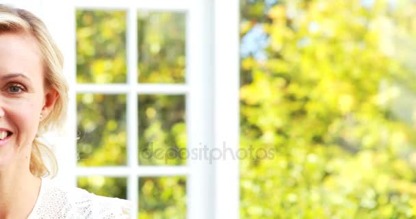 Sonriente hermosa mujer de pie en el restaurante — Vídeos de Stock