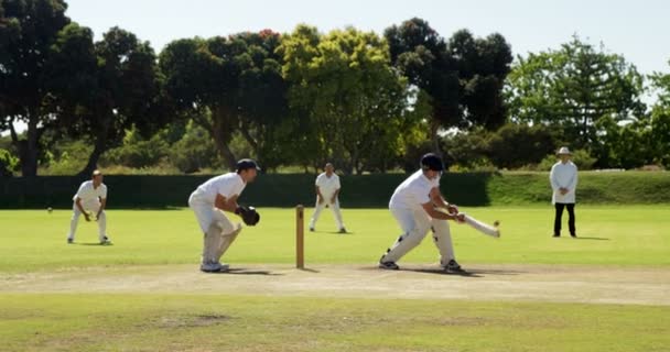 Batedor batendo uma bola durante o jogo de críquete — Vídeo de Stock