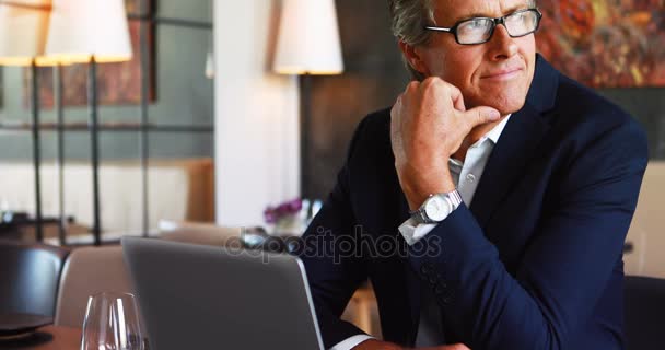 Biznesmen, siedząc w restauracji z laptopa — Wideo stockowe