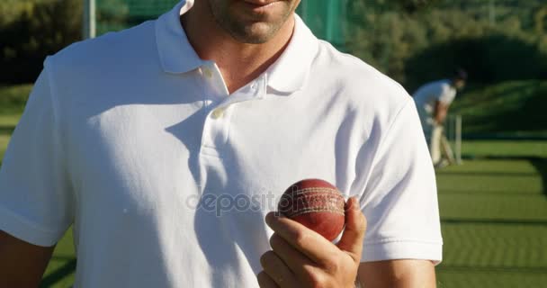 Jugador de cricket seguro sosteniendo la pelota durante una sesión de práctica — Vídeo de stock