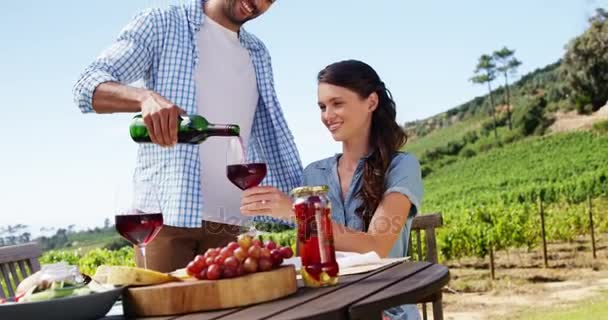 Homme servant du vin rouge à une femme à la ferme — Video