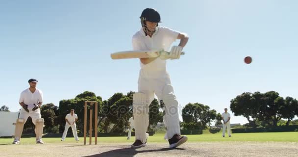 Topa vuran oyuncu savunma felç kriket maçında oynama — Stok video