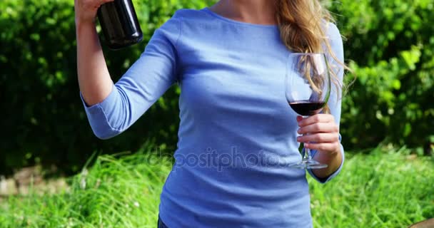 Красивая женщина рассматривает вино в винограднике — стоковое видео