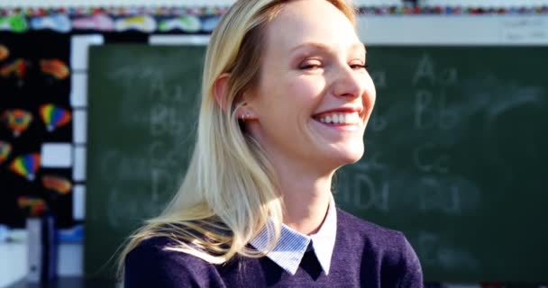 Retrato del profesor feliz de pie en el aula — Vídeo de stock