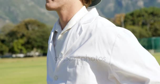 Cricket umpire sinalizando bola larga durante o jogo — Vídeo de Stock