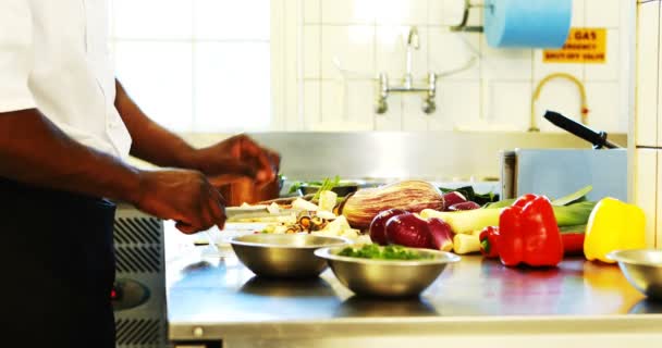 Chef picando verduras en la cocina comercial — Vídeos de Stock