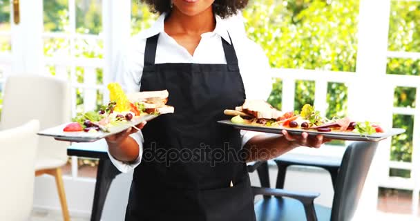 Portrait of smiling waitress holding food tray — Stock Video