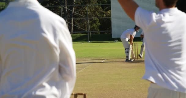 Bowler leveren bal tijdens cricket match — Stockvideo