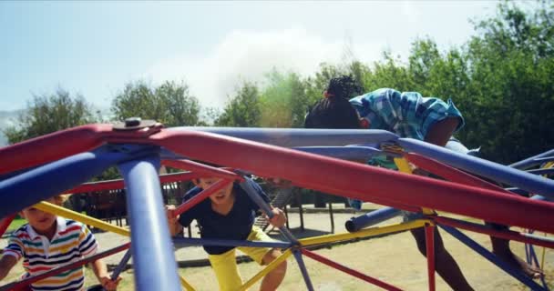 Schoolkinderen spelen op koepel klimmer in Speeltuin — Stockvideo
