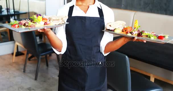 Portrait of smiling waitress holding food tray — Stock Video