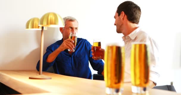 Two men interacting with each other while having beer at counter — Stock Video