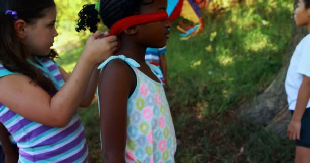 Meisje koppelverkoop blinddoek op de ogen van haar vrienden in het park — Stockvideo