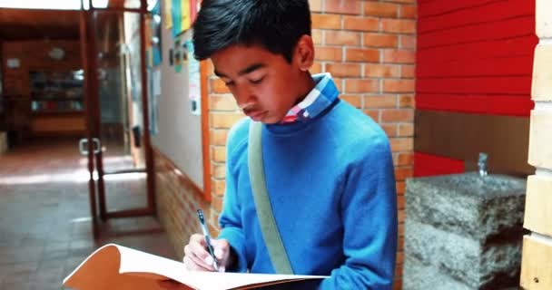 Schoolboy consciente enquanto caminhava no corredor — Vídeo de Stock