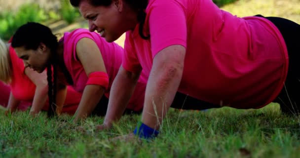Grupo de mujeres en forma haciendo ejercicio durante la carrera de obstáculos — Vídeo de stock