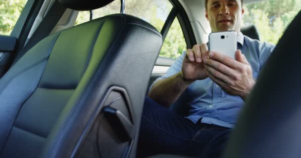 Hombre usando el teléfono móvil en el asiento delantero del coche — Vídeos de Stock