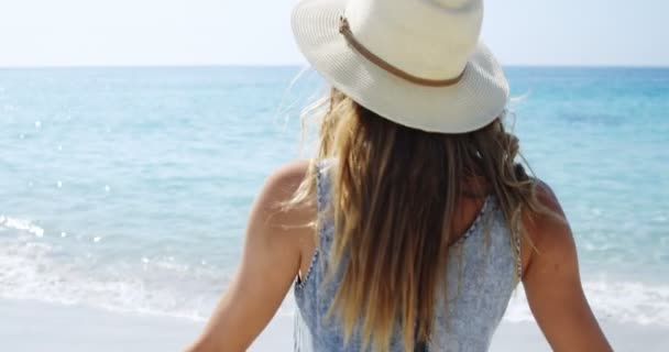 Portret van mooie vrouw genieten van op strand — Stockvideo